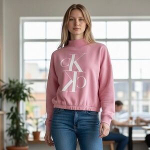 NWT Calvin Klein Women's Crop Sweatshirt Size L Pullover Turtleneck Neck Pink